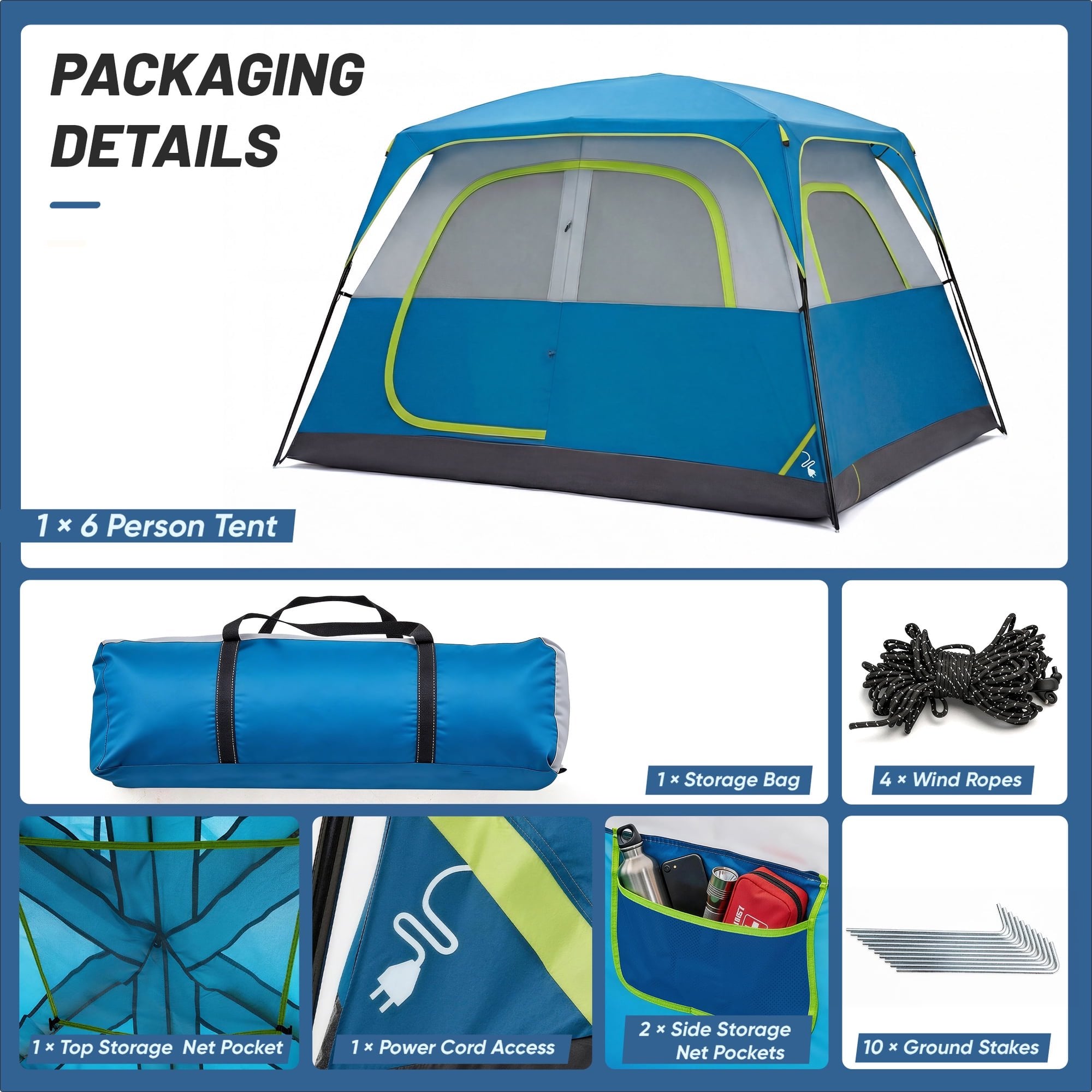 JIOABL 6 Person Camping Tent with Rainfly, Waterproof Polyester, Easy Setup, Portable with Carry Bag, Stakes & Ropes for Outdoor Camping
