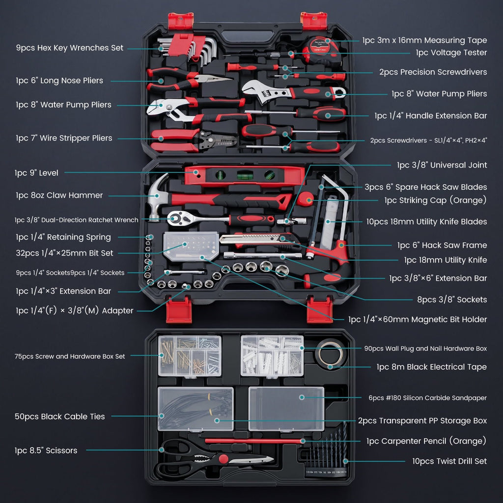 JIOABL 330-Piece Home Repair Tool Kit with Pull-Out Drawer, Carbon Steel Tool Box Set for DIY Projects, Home Maintenance and Auto Repair