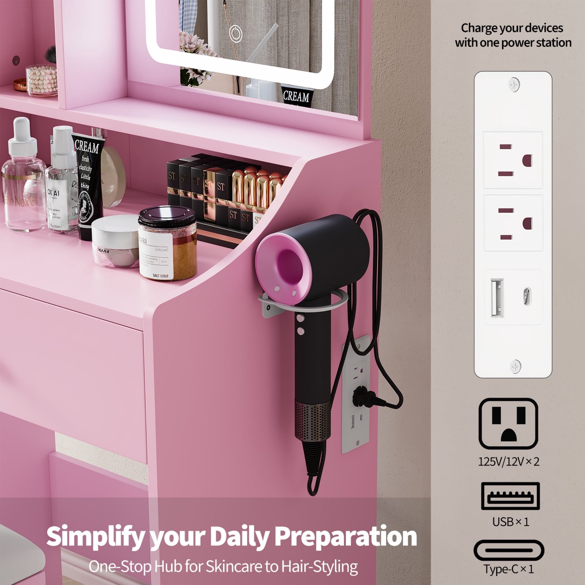 JIOABL 24" Vanity Desk with Mirror, LED Makeup Vanity with 3 Light Modes & Power Outlet, Storage Drawers & Stool, Dressing Table for Bedroom