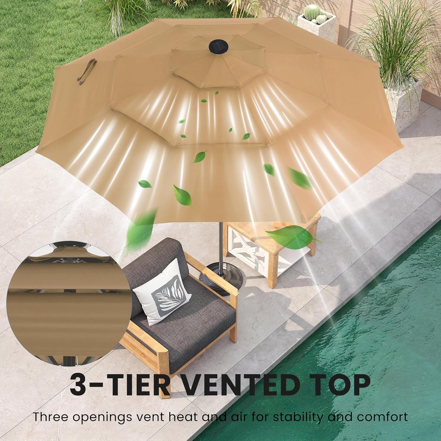 JIOABL 10FT Solar LED Patio Umbrella with Tilt & Vent, 32 LED Lights, 8 Ribs, UV-Resistant & Water-Resistant for Garden, Deck, Patio