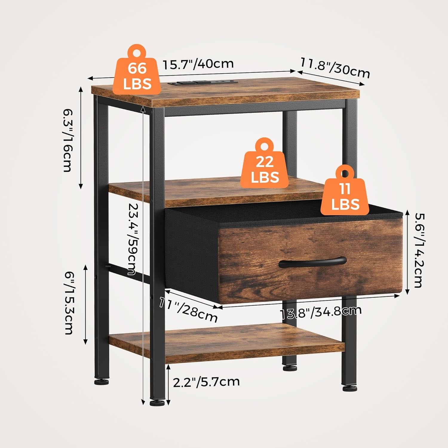 JIOABL Nightstand with USB & Type-C Charging, Fabric Drawers, Metal Frame