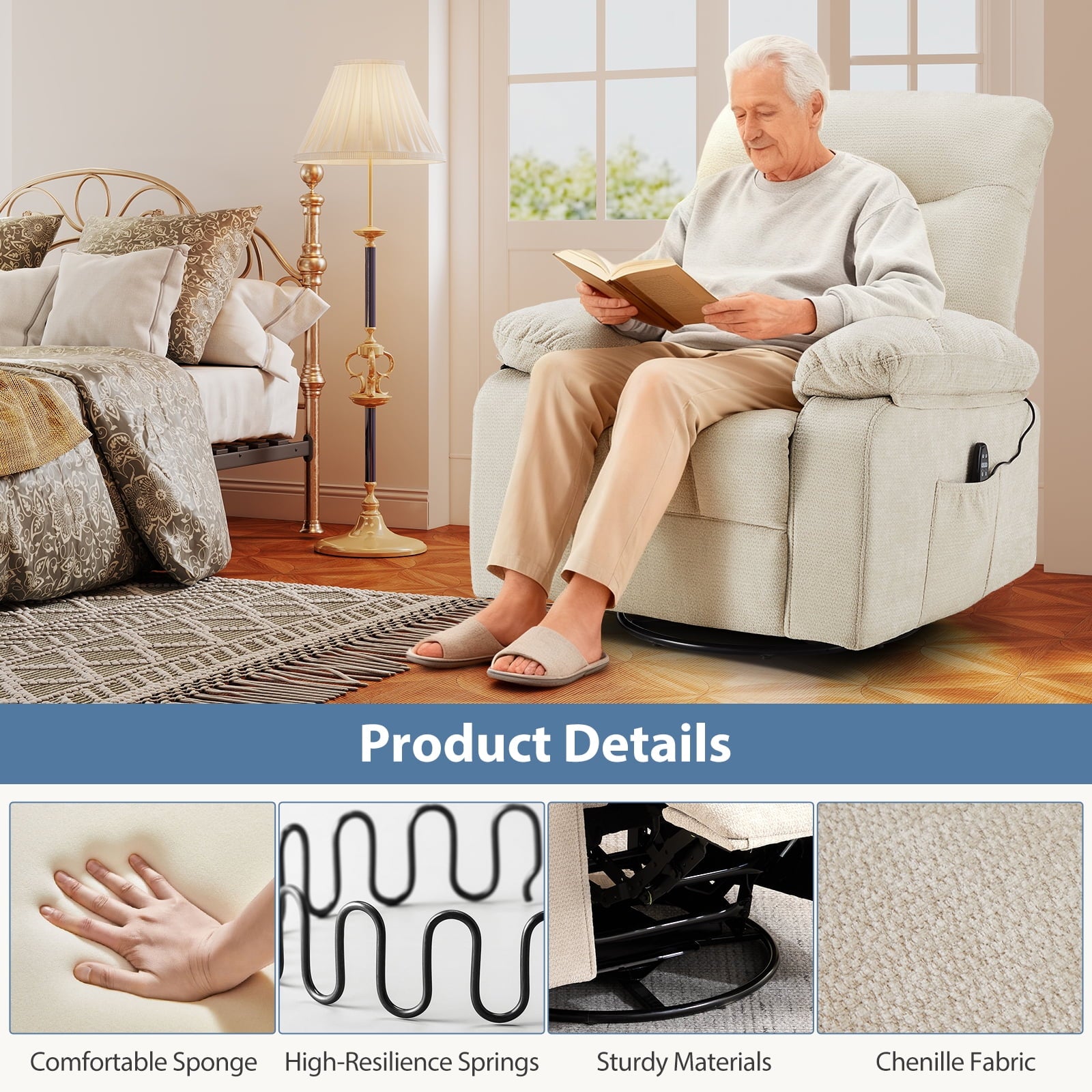 JIOABL Swivel Rocker Recliner Chair with Massage and Heat, Adjustable Recline, Chenille Fabric