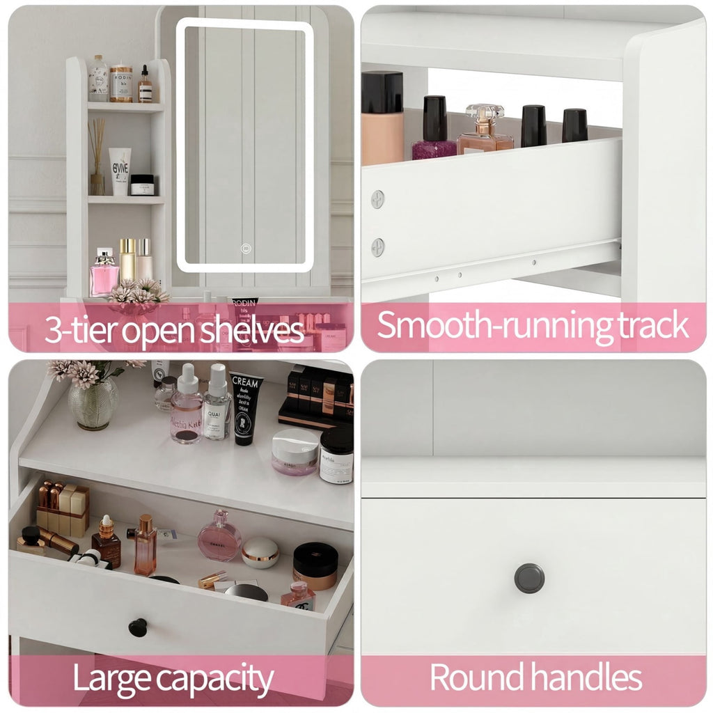 JIOABL 24" Vanity Desk with Mirror, LED Makeup Vanity with 3 Light Modes & Power Outlet, Storage Drawers & Stool, Dressing Table for Bedroom