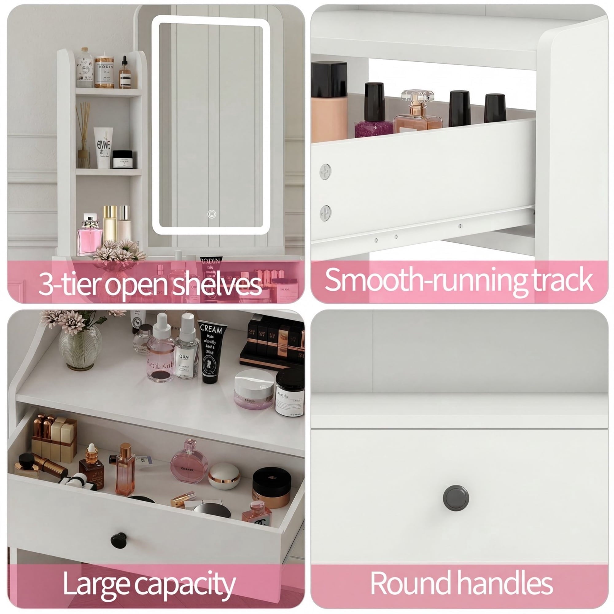 JIOABL 24" Vanity Desk with Mirror, LED Makeup Vanity with 3 Light Modes & Power Outlet, Storage Drawers & Stool, Dressing Table for Bedroom