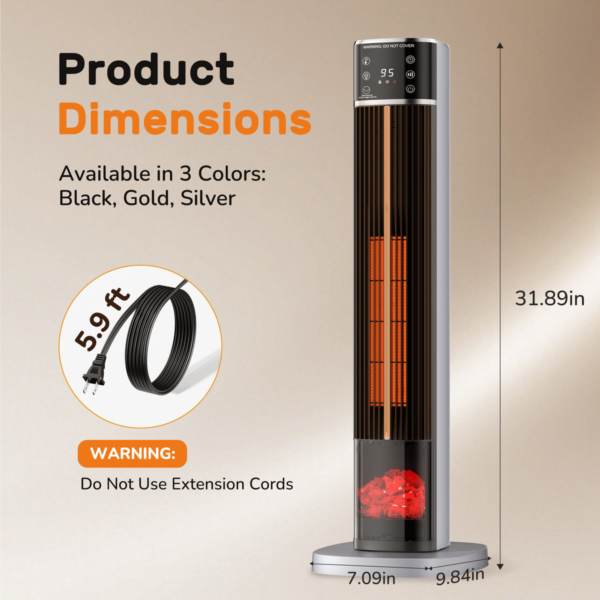 JIOABL Tall Tower Flame Heater | 1500W, 4 Functions, 3s Quick Heat, 2 Heat Settings, Low Noise, Oscillation & Timer