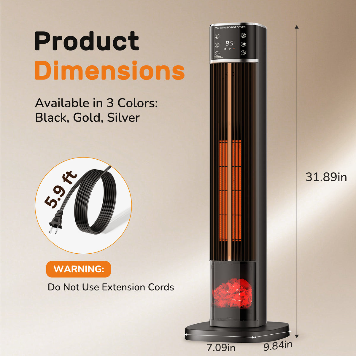 JIOABL Tall Tower Flame Heater | 1500W, 4 Functions, 3s Quick Heat, 2 Heat Settings, Low Noise, Oscillation & Timer
