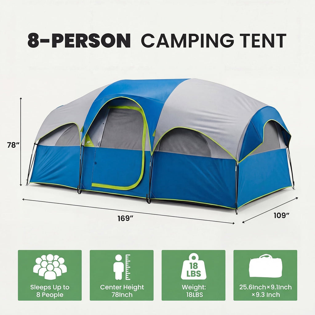 JIOABL 8 Person Camping Tent with Room Divider, Waterproof Polyester, Easy Setup, Portable with Carry Bag, Stakes & Ropes for Outdoor Camping