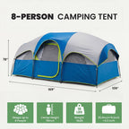 JIOABL 8 Person Camping Tent with Room Divider, Waterproof Polyester, Easy Setup, Portable with Carry Bag, Stakes & Ropes for Outdoor Camping