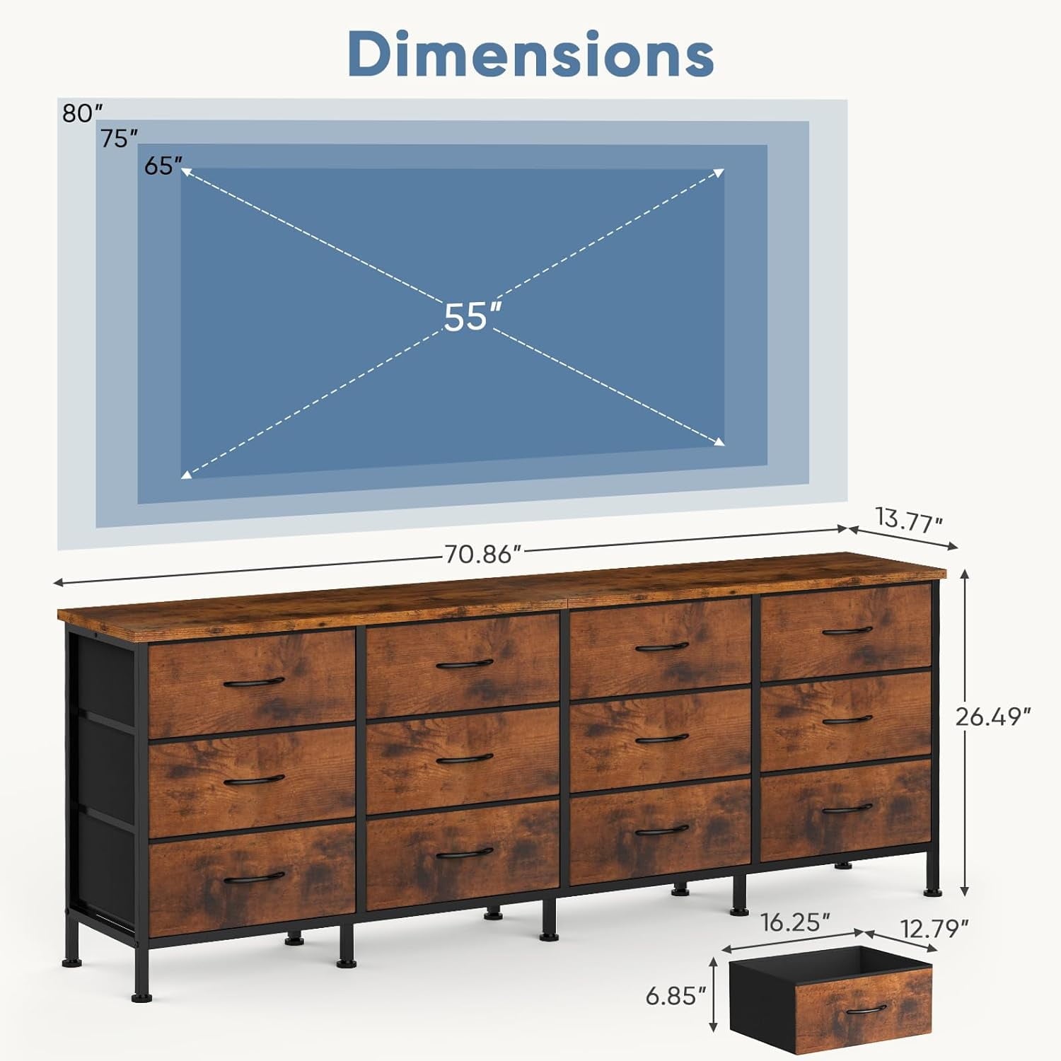 JIOABL TV Stand with 12 Fabric Drawers, Metal Frame Storage Stand with Adjustable feet and Anti-Tip