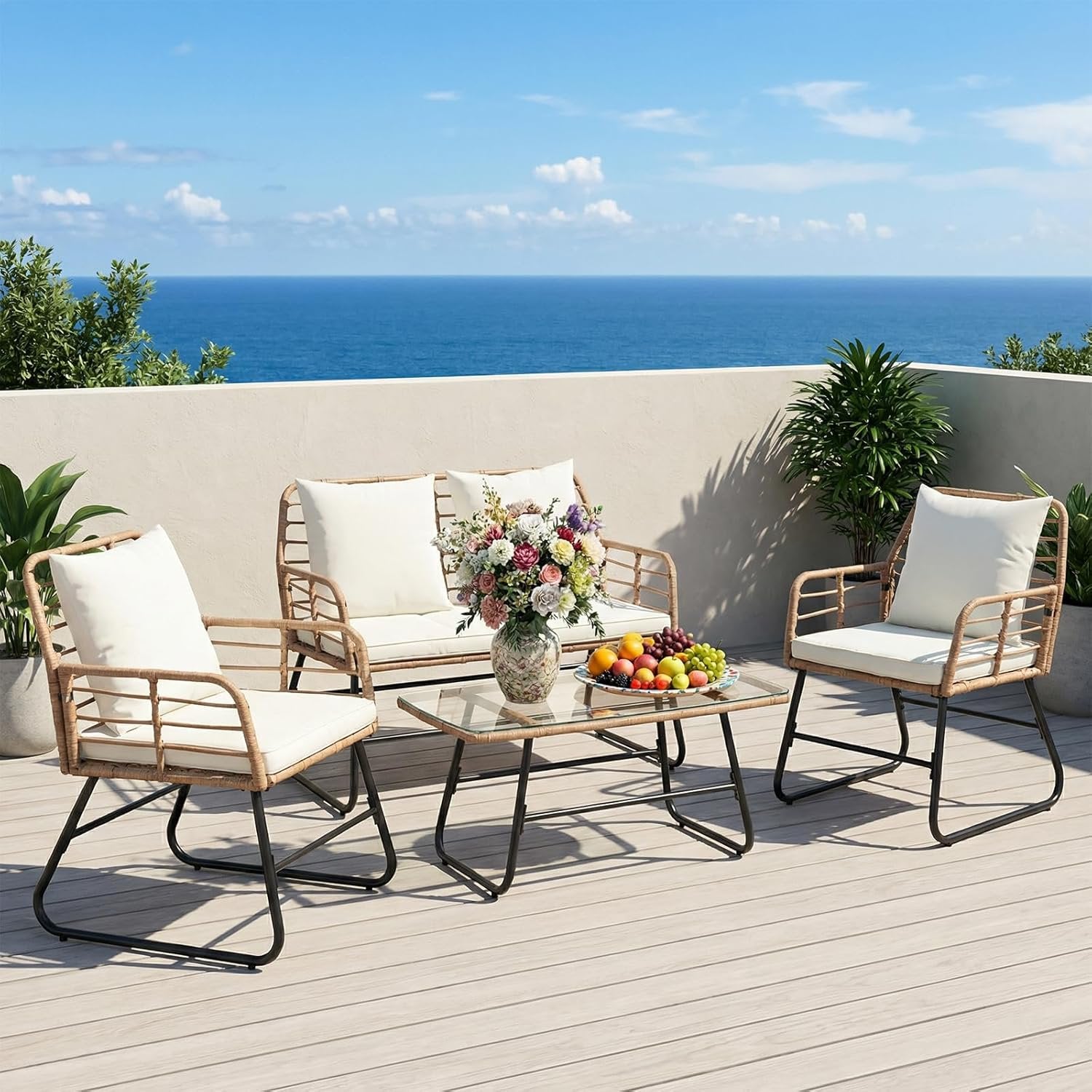 JIOABL Outdoor Bistro Set, Wicker Chairs & Glass Top Table for Patio, Balcony, Porch, Backyard