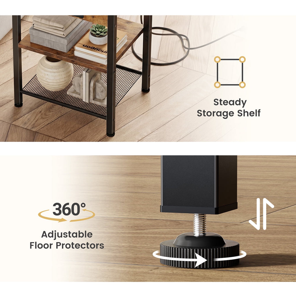 JIOABL 3-Tier Side Table with USB & AC Charging Station, Adjustable Shelves, Multi-Use for Living Room & Bedroom