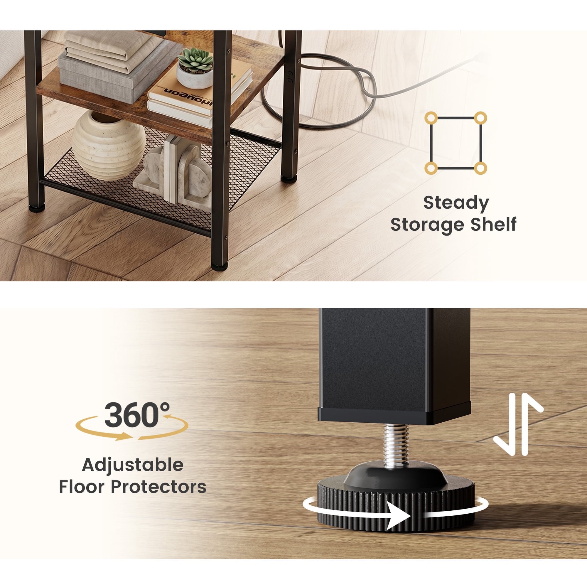 JIOABL 3-Tier Side Table with USB & AC Charging Station, Adjustable Shelves, Multi-Use for Living Room & Bedroom