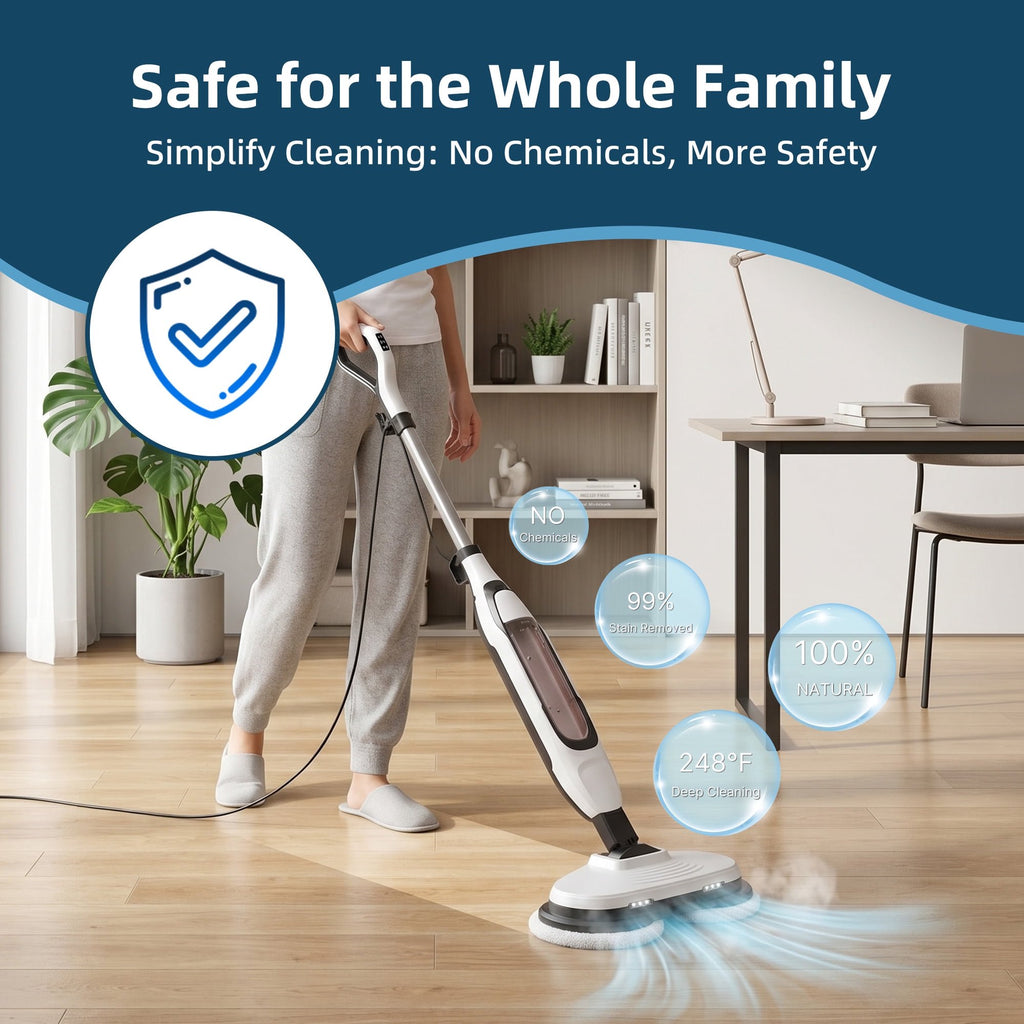 JIOABL Scrubbing Steam Mop with Dual Rotating Pads, LED Headlights and Adjustable Steam Modes for Sealed Hard Floors