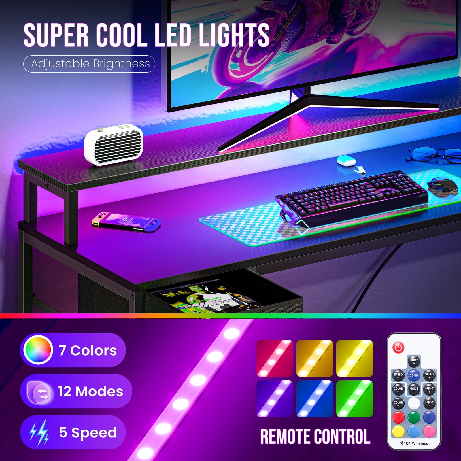 JIOABL L Shaped Computer Gaming Desk with USB Charging Ports & LED Lights, Reversible Corner Table with Power Outlets Monitor Stand for Home Office