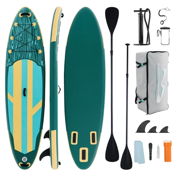JIOABL 10'5" Inflatable Stand Up Paddle Board, Wide Stable Design, Non-Slip Deck, with Premium SUP Paddle, Pump, Backpack & Leash, Blue White