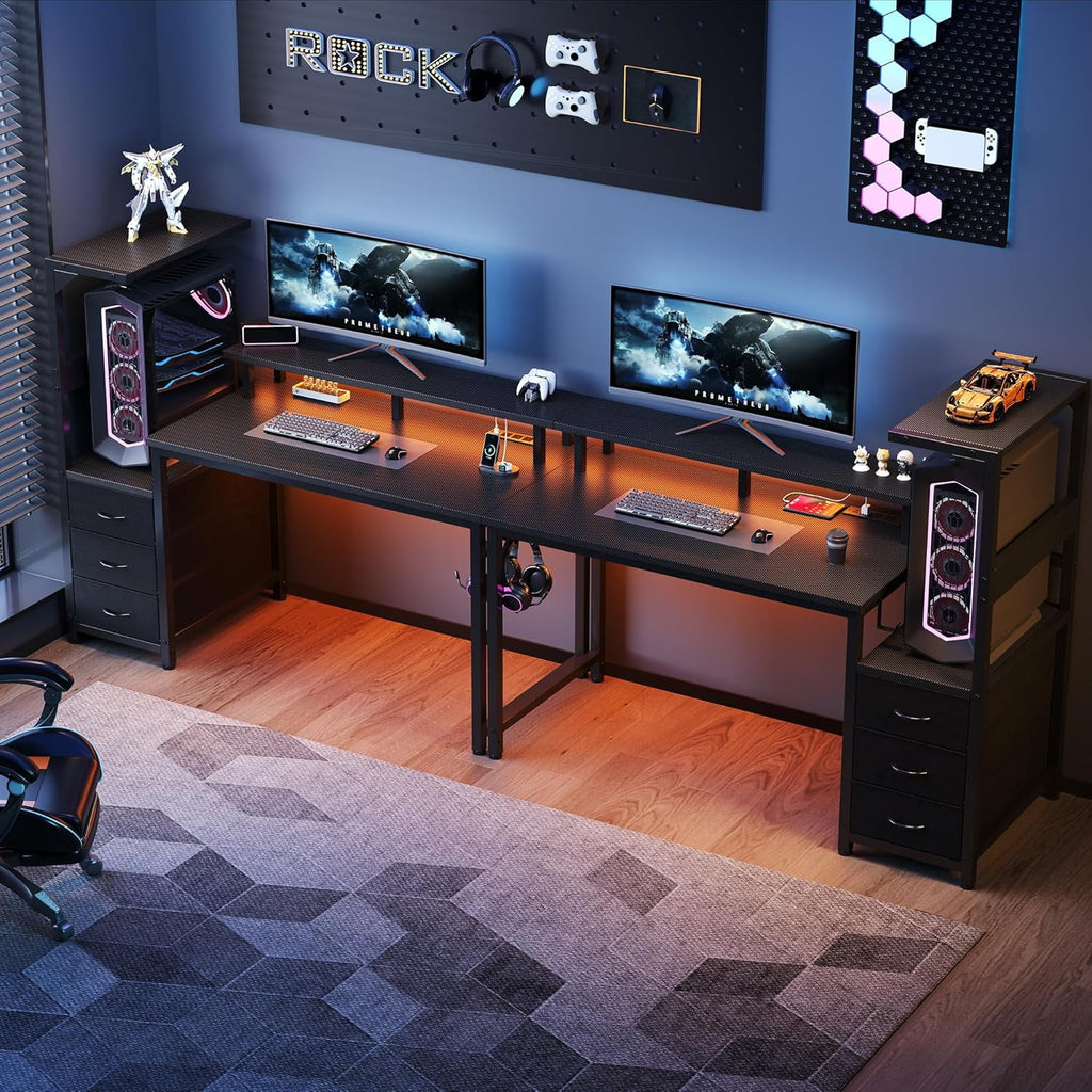JIOABL Gaming Desk with RGB LED, Built-in Charging Station, Ergonomic Monitor Stand, Storage Drawers, Reversible Shelf, for Teens & Adults