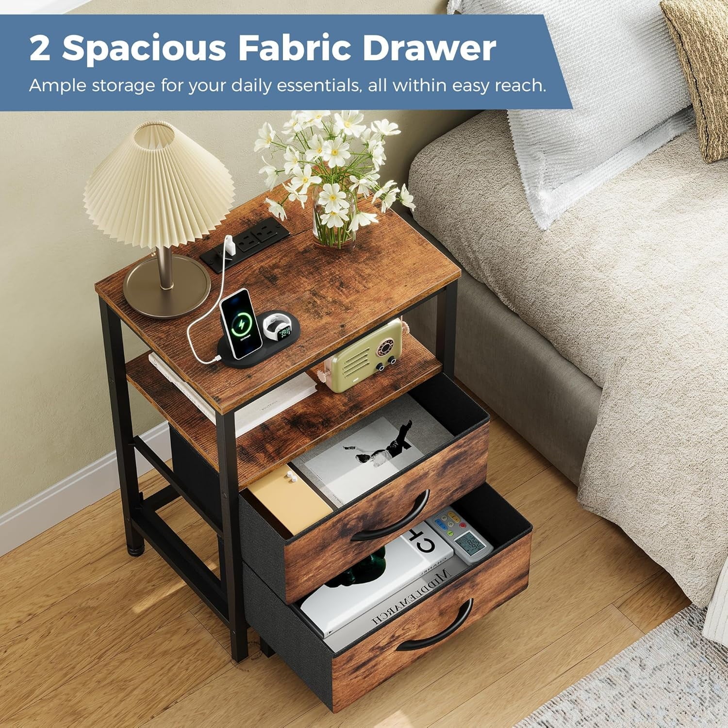 JIOABL Nightstand with USB & Type-C Charging, Fabric Drawers, Metal Frame