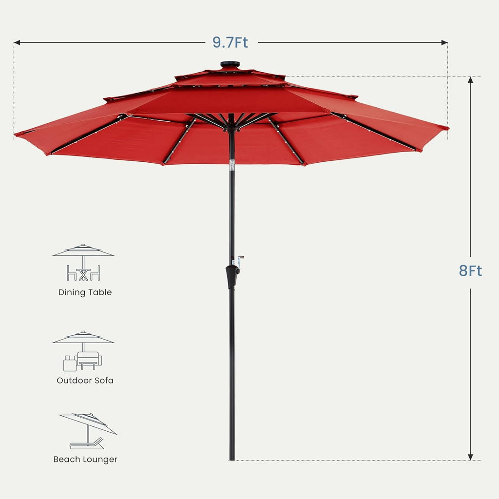 JIOABL 10FT Solar LED Patio Umbrella with Tilt & Vent, 32 LED Lights, 8 Ribs, UV-Resistant & Water-Resistant for Garden, Deck, Patio