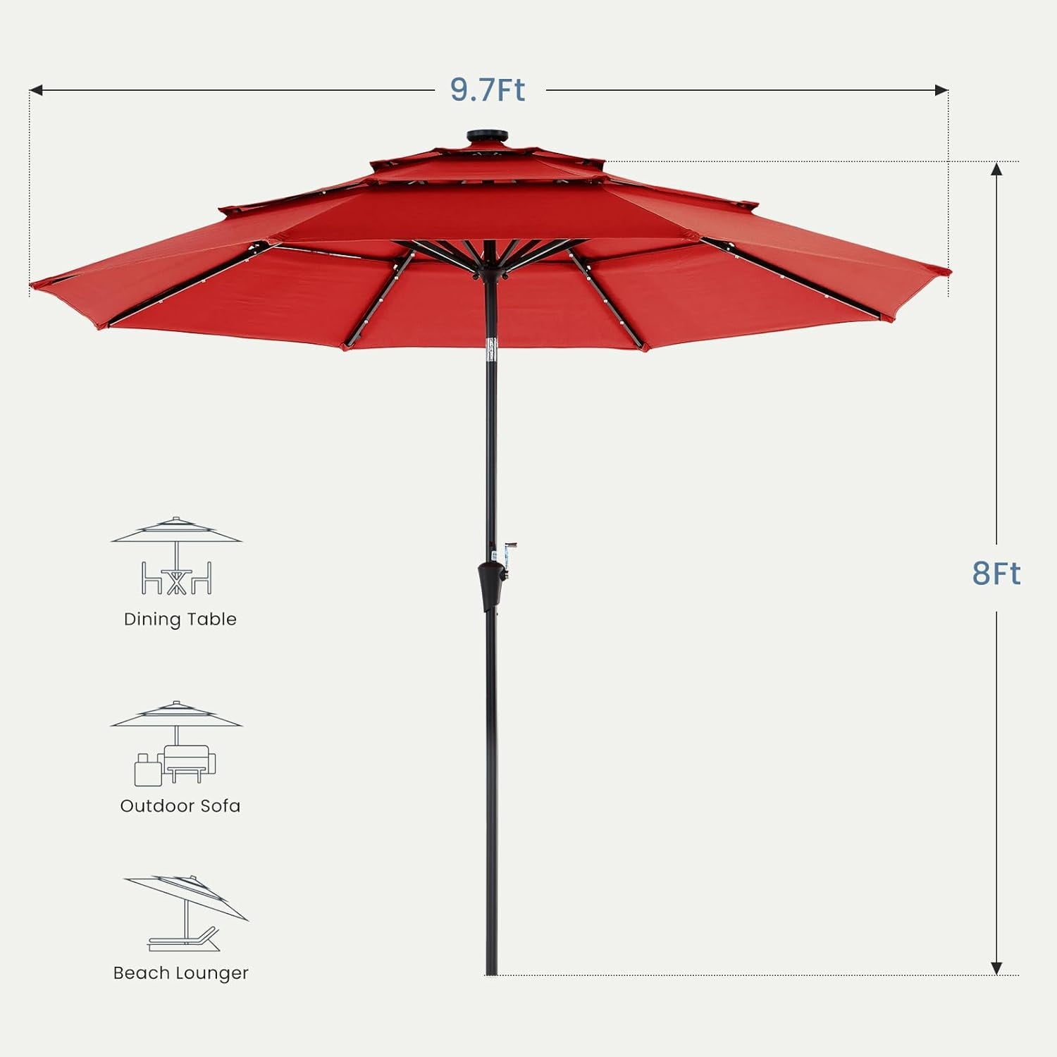 JIOABL 10FT Solar LED Patio Umbrella with Tilt & Vent, 32 LED Lights, 8 Ribs, UV-Resistant & Water-Resistant for Garden, Deck, Patio