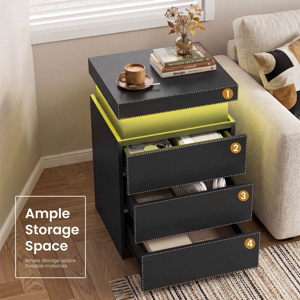 JIOABL Nightstand with Charging Station and RGB LED Light, 3 Drawers, Sliding Top, Bedside Table for Bedroom, Living Room and Dorm