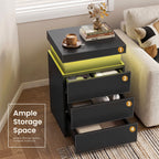 JIOABL Nightstand with Charging Station and RGB LED Light, 3 Drawers, Sliding Top, Bedside Table for Bedroom, Living Room and Dorm