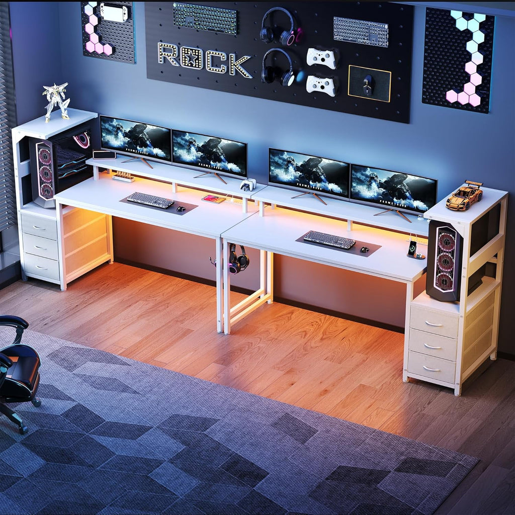 JIOABL Gaming Desk with RGB LED, Built-in Charging Station, Ergonomic Monitor Stand, Storage Drawers, Reversible Shelf, for Teens & Adults