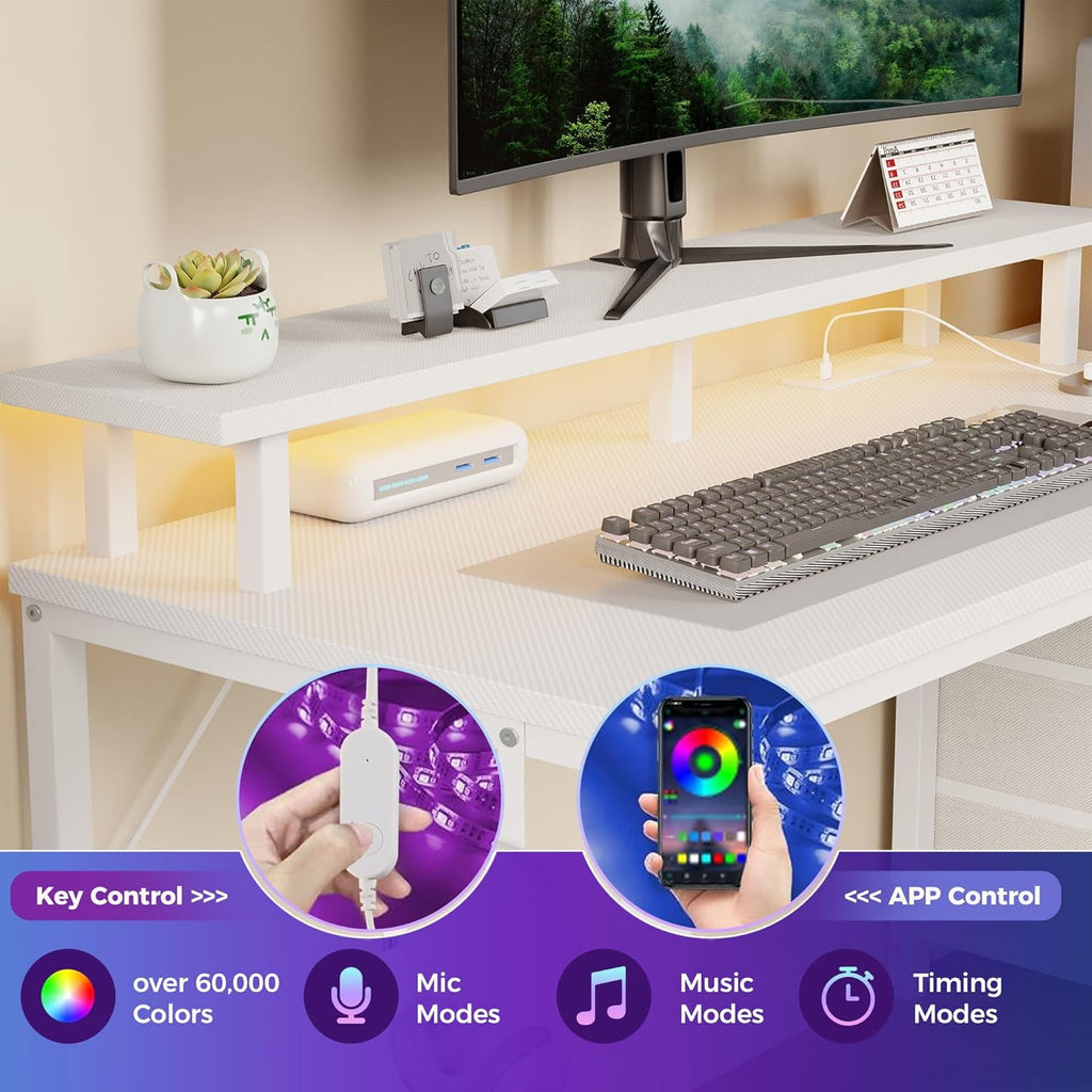 JIOABL Gaming Desk with RGB LED, Built-in Charging Station, Ergonomic Monitor Stand, Storage Drawers, Reversible Shelf, for Teens & Adults