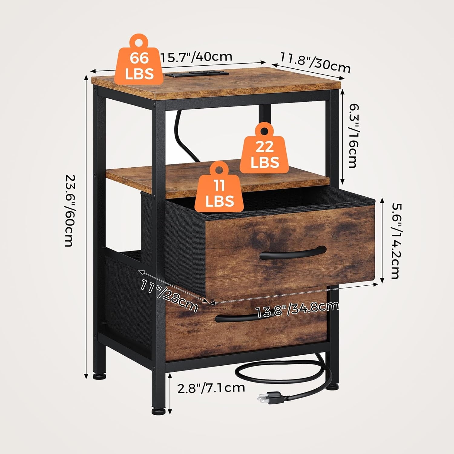JIOABL Nightstand with USB & Type-C Charging, Fabric Drawers, Metal Frame