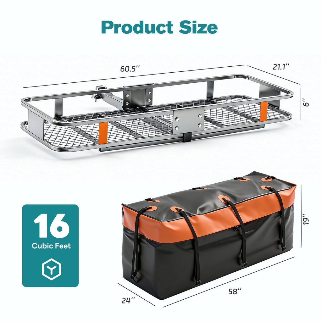 JIOABL Folding Hitch Cargo Carrier Basket for SUVs, Trucks & Vans, 500 lb Capacity with Waterproof Bag, Net, Ratchet Straps, Lock & Stabilizer