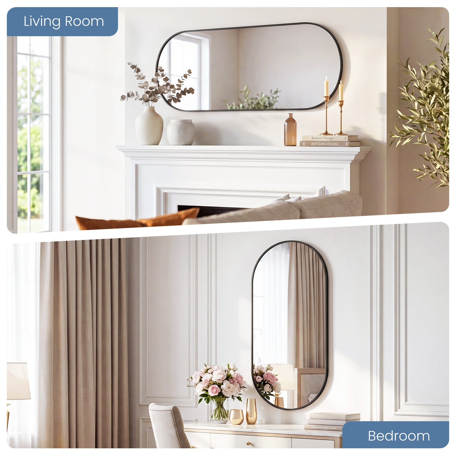 JIOABL Oval Mirror, Shatterproof Tempered Glass, Aluminum Alloy Frame for Bedroom, Hallway, Living Room