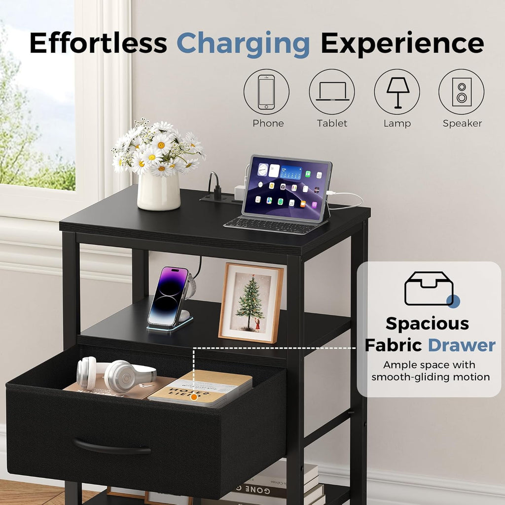 JIOABL Nightstand with USB & Type-C Charging, Fabric Drawers, Metal Frame