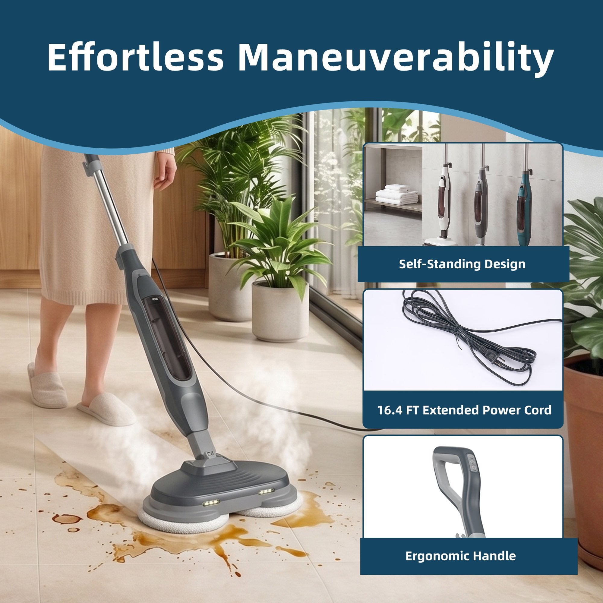 JIOABL Scrubbing Steam Mop with Dual Rotating Pads, LED Headlights and Adjustable Steam Modes for Sealed Hard Floors