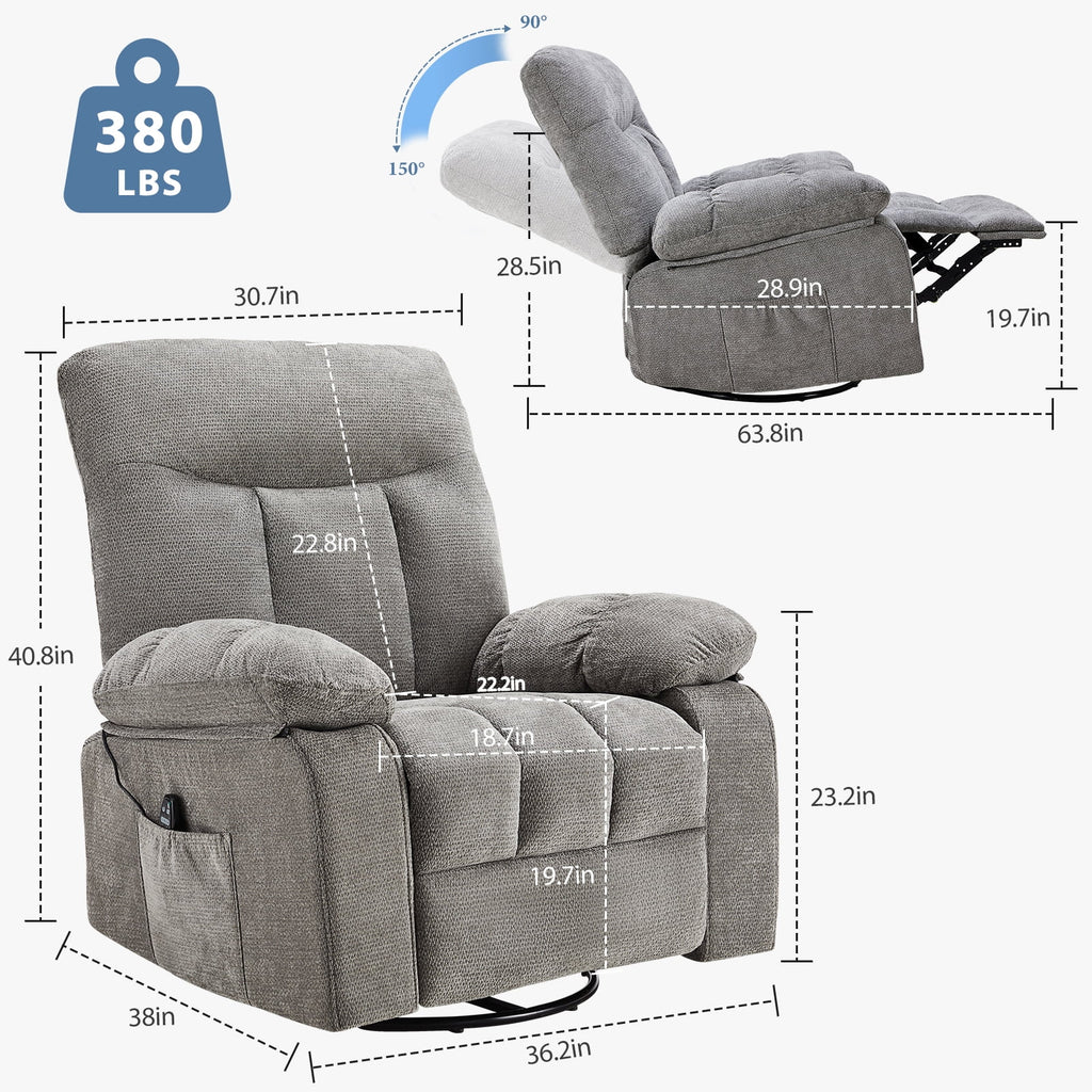 JIOABL Swivel Rocker Recliner Chair with Massage and Heat, Adjustable Recline, Chenille Fabric