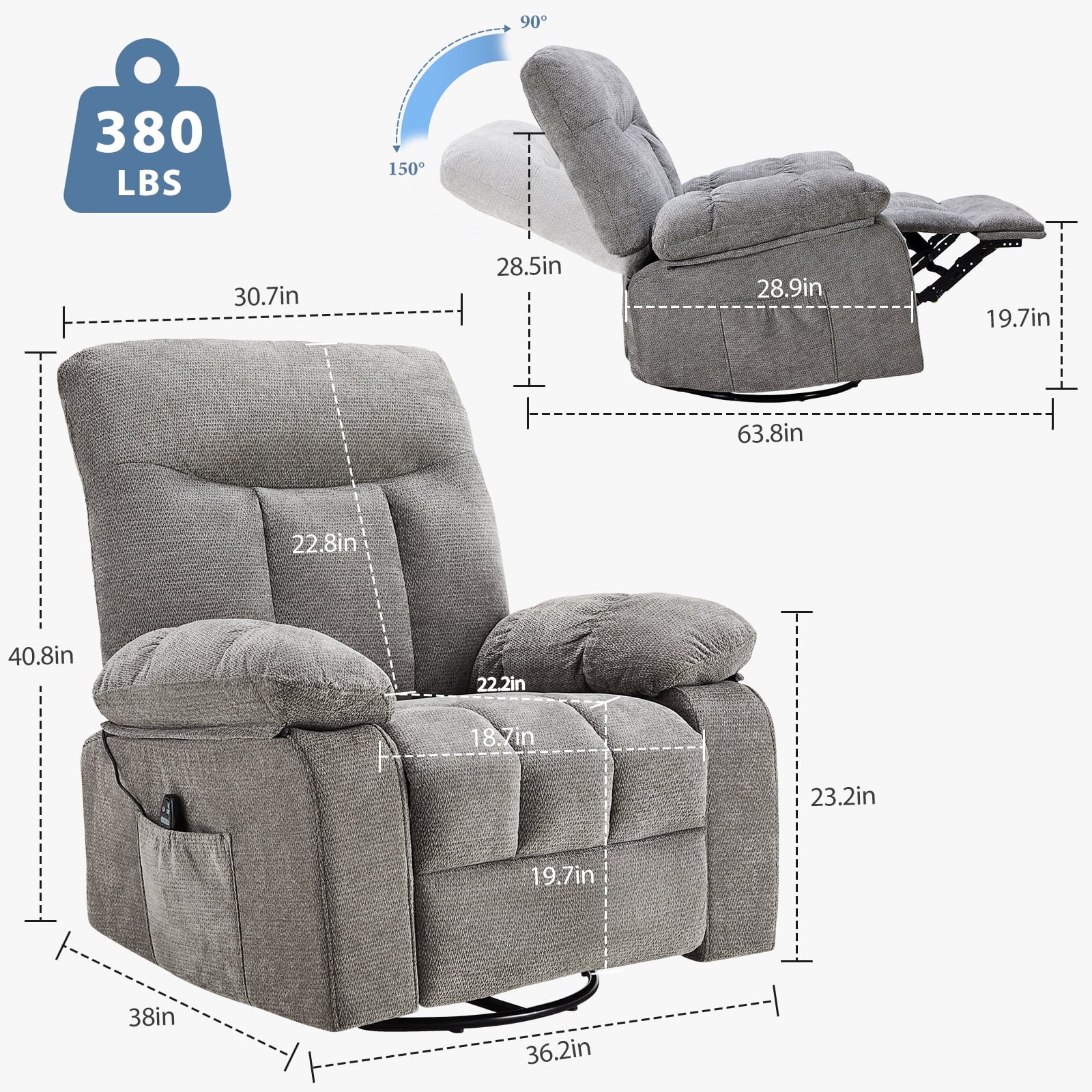 JIOABL Swivel Rocker Recliner Chair with Massage and Heat, Adjustable Recline, Chenille Fabric