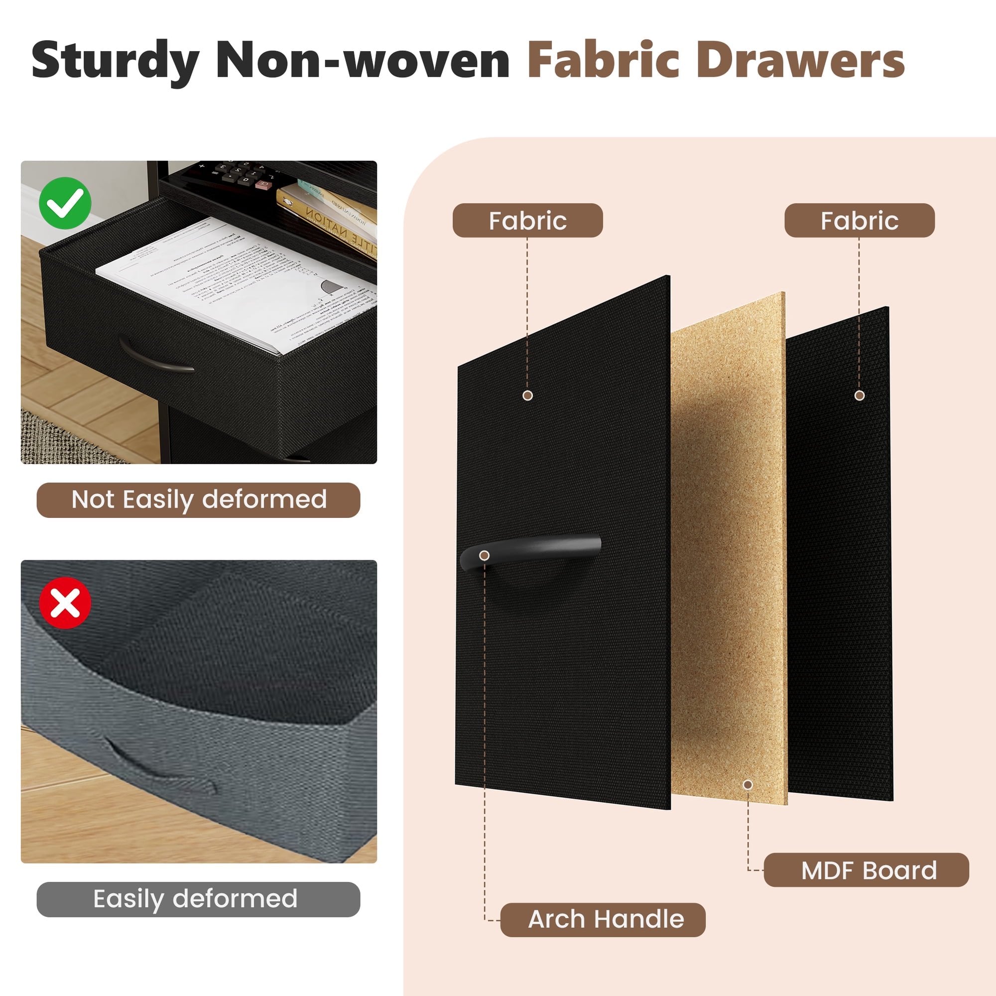 JIOABL Rolling Printer Stand with 2 Fabric Drawers, Storage Shelf, Side Organizer Bag and Lockable Wheels for Home Office