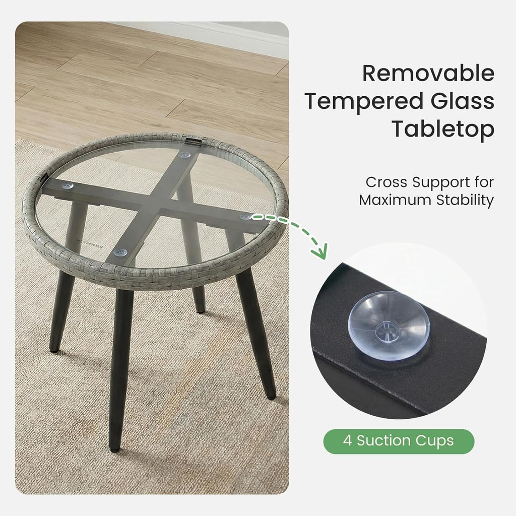 JIOABL Outdoor Bistro Set, Wicker Chairs & Glass Top Table for Patio, Balcony, Porch, Backyard