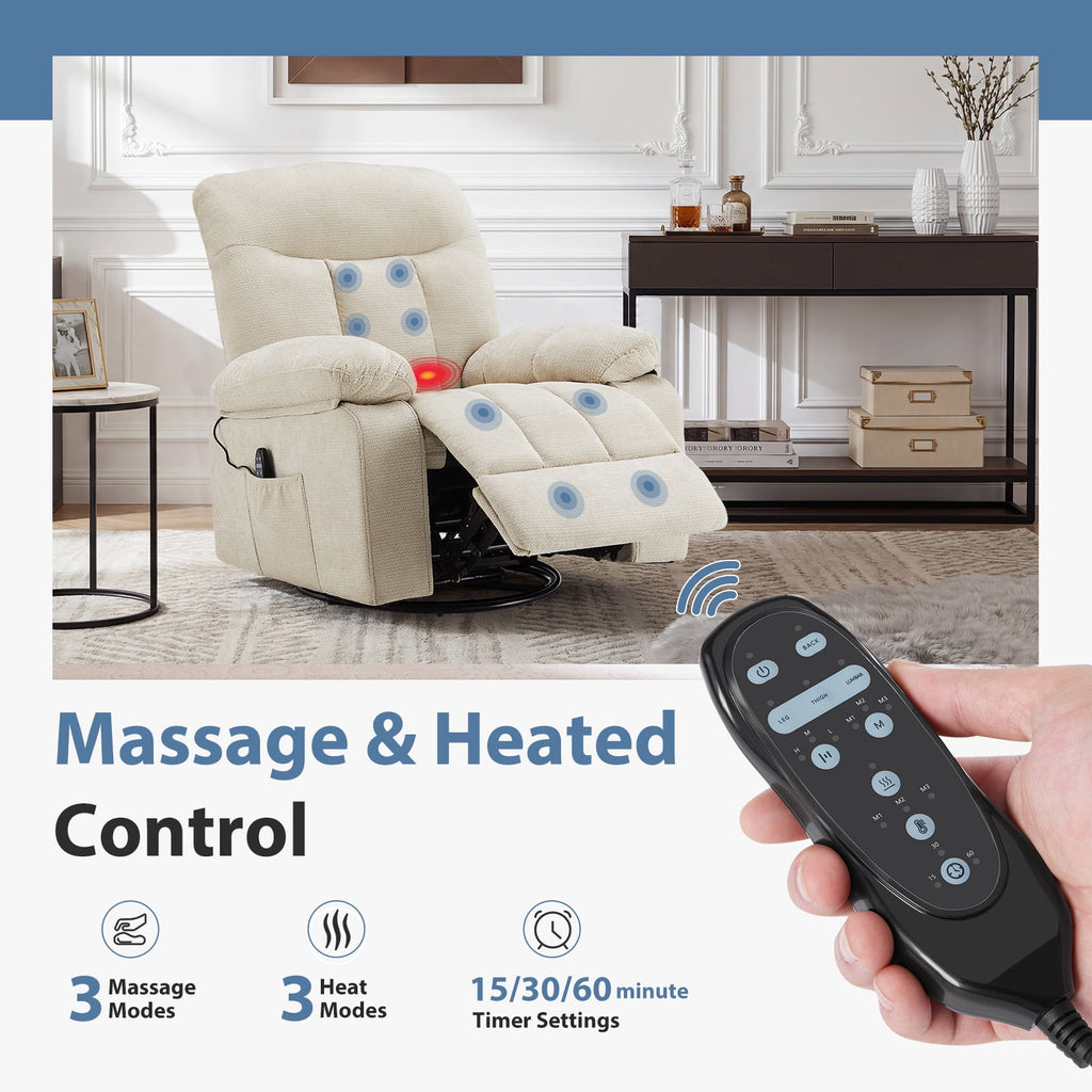 JIOABL Swivel Rocker Recliner Chair with Massage and Heat, Adjustable Recline, Chenille Fabric
