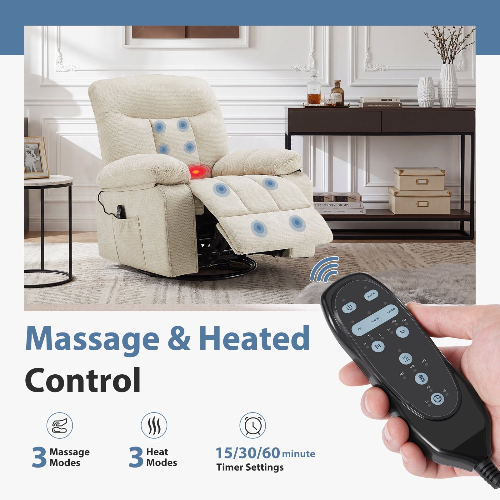 JIOABL Swivel Rocker Recliner Chair with Massage and Heat, Adjustable Recline, Chenille Fabric