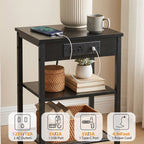 JIOABL 3-Tier Side Table with USB & AC Charging Station, Adjustable Shelves, Multi-Use for Living Room & Bedroom