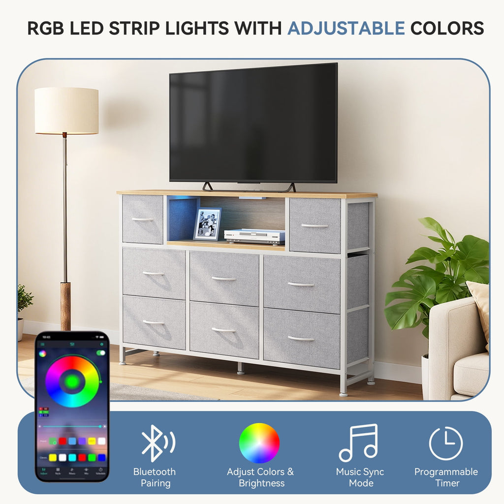 JIOABL TV Stand with  Fabric Drawers & Power Outlet, LED TV Console with USB & Type-C, Storage Dresser for Living Room