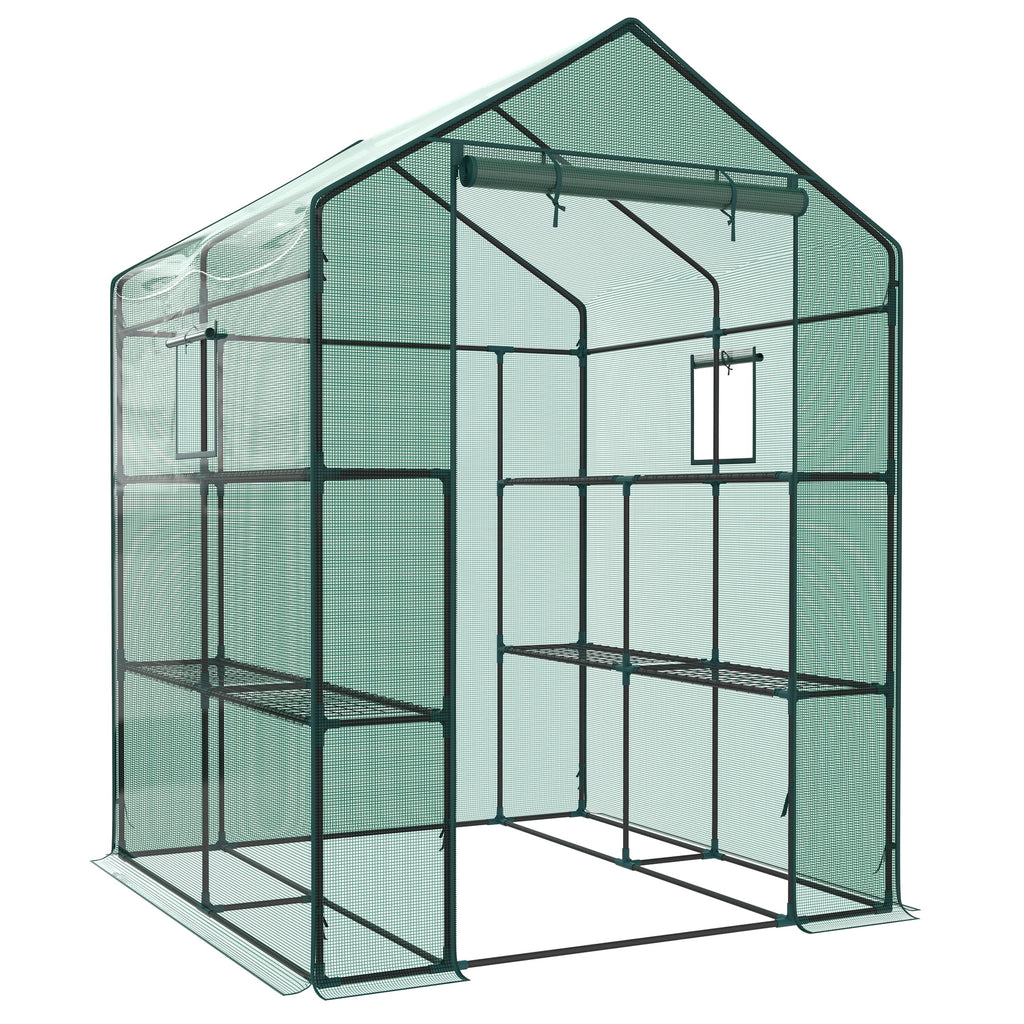 JIOABL 3-Tier Walk-In Greenhouse with PE Cover, Roll-Up Zipper Door & Side Windows, Steel Frame, Outdoor Plant Greenhouse for Garden, Patio, Green