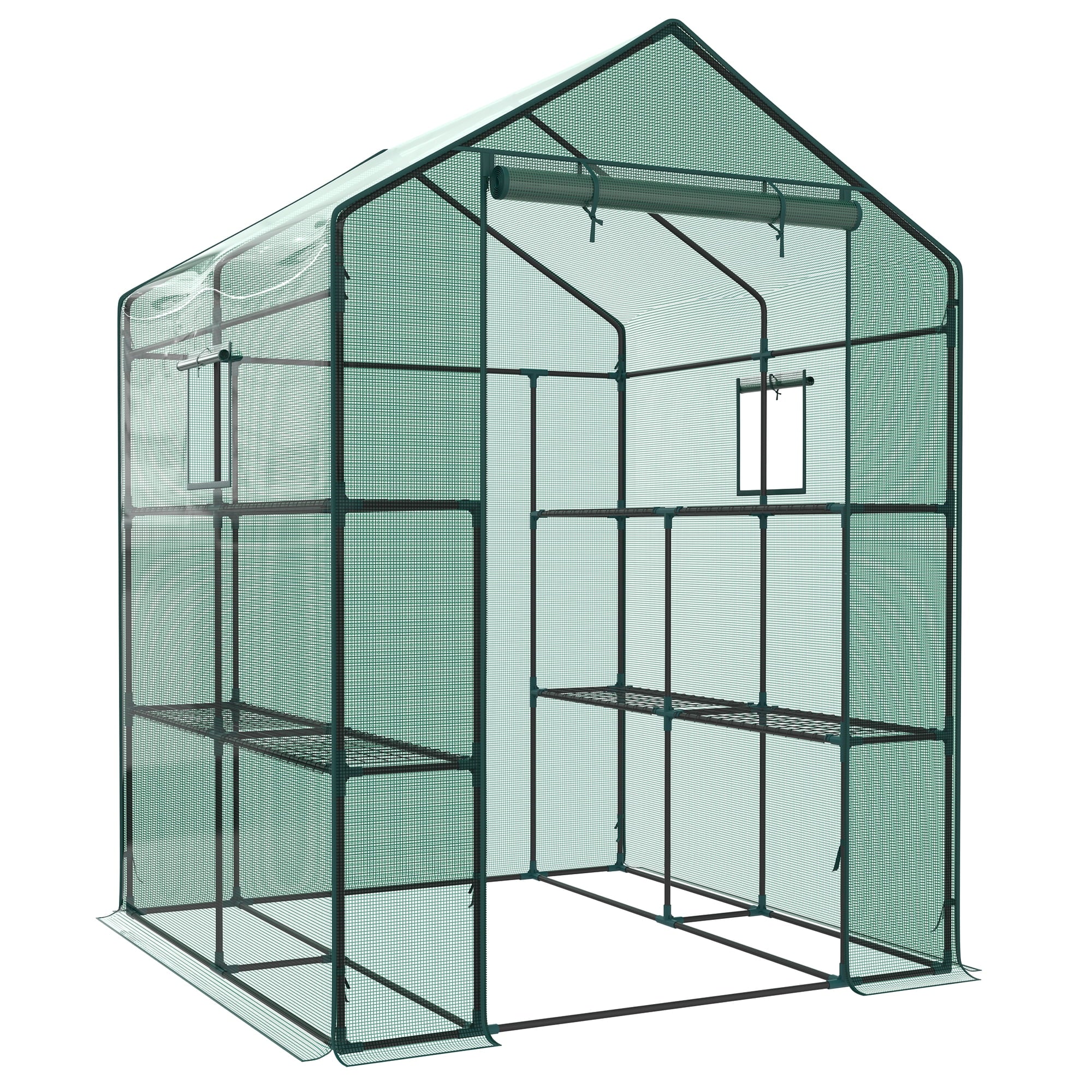 JIOABL 3-Tier Walk-In Greenhouse with PE Cover, Roll-Up Zipper Door & Side Windows, Steel Frame, Outdoor Plant Greenhouse for Garden, Patio, Green