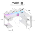JIOABL L Shaped Computer Gaming Desk with USB Charging Ports & LED Lights, Reversible Corner Table with Power Outlets Monitor Stand for Home Office
