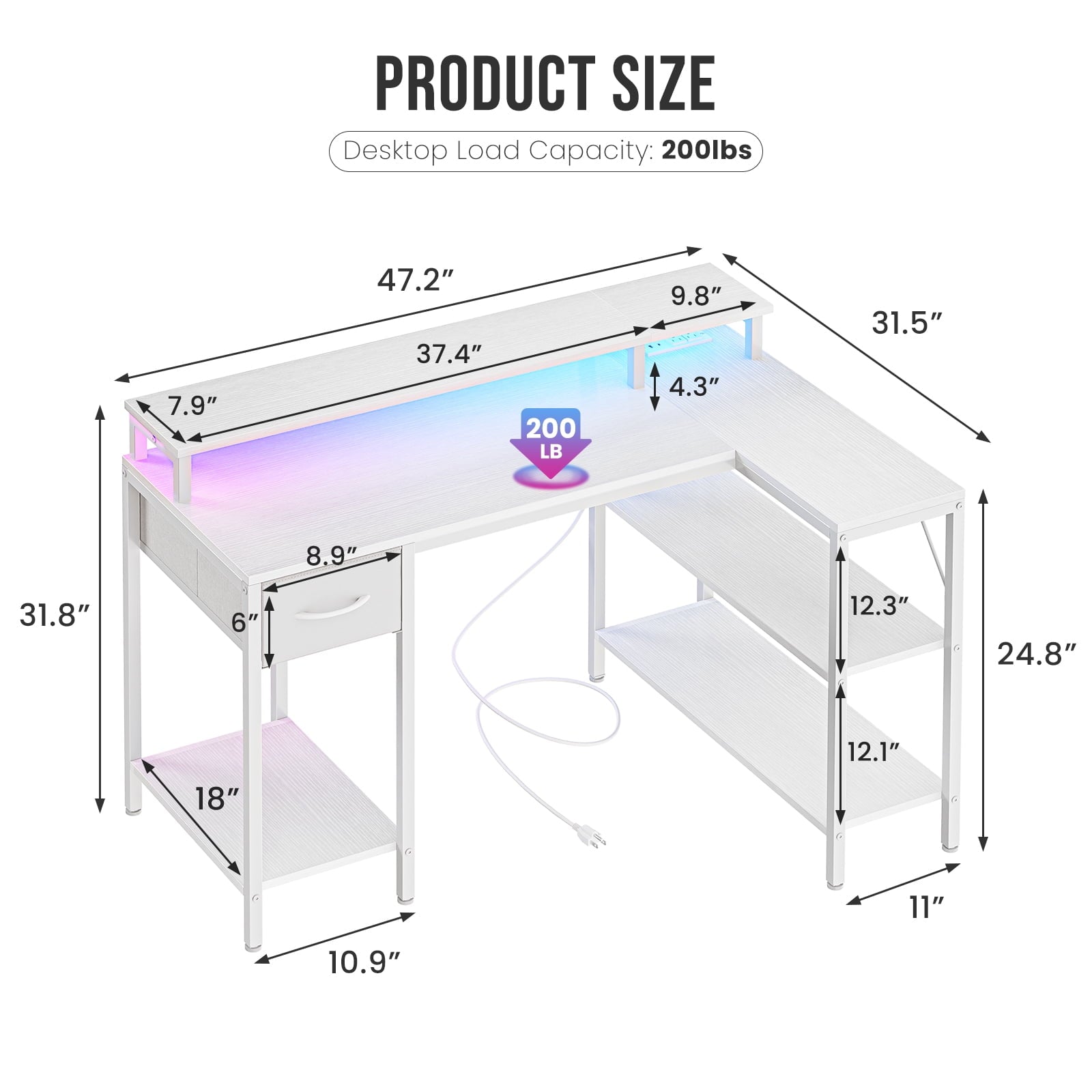 JIOABL L Shaped Computer Gaming Desk with USB Charging Ports & LED Lights, Reversible Corner Table with Power Outlets Monitor Stand for Home Office