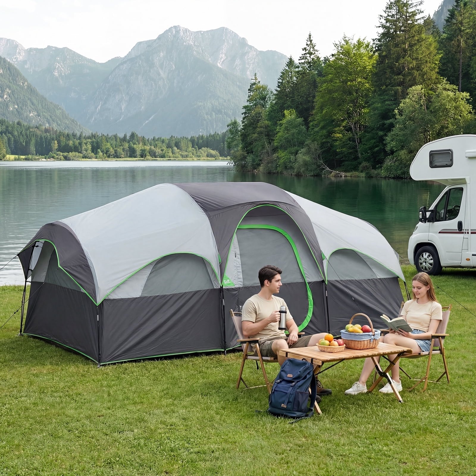 JIOABL 8 Person Camping Tent with Room Divider, Waterproof Polyester, Easy Setup, Portable with Carry Bag, Stakes & Ropes for Outdoor Camping