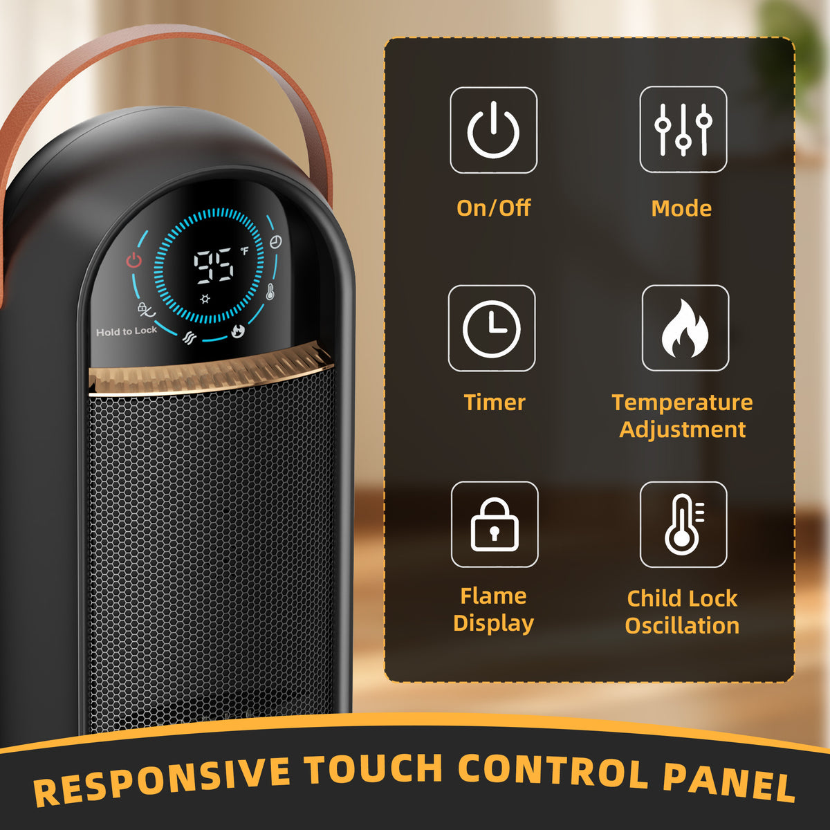 JIOABL Tall Tower Flame Heater with Light | 1500W, 4 Functions, 3s Quick Heat, 2 Heat Settings, Low Noise, Oscillation & Timer