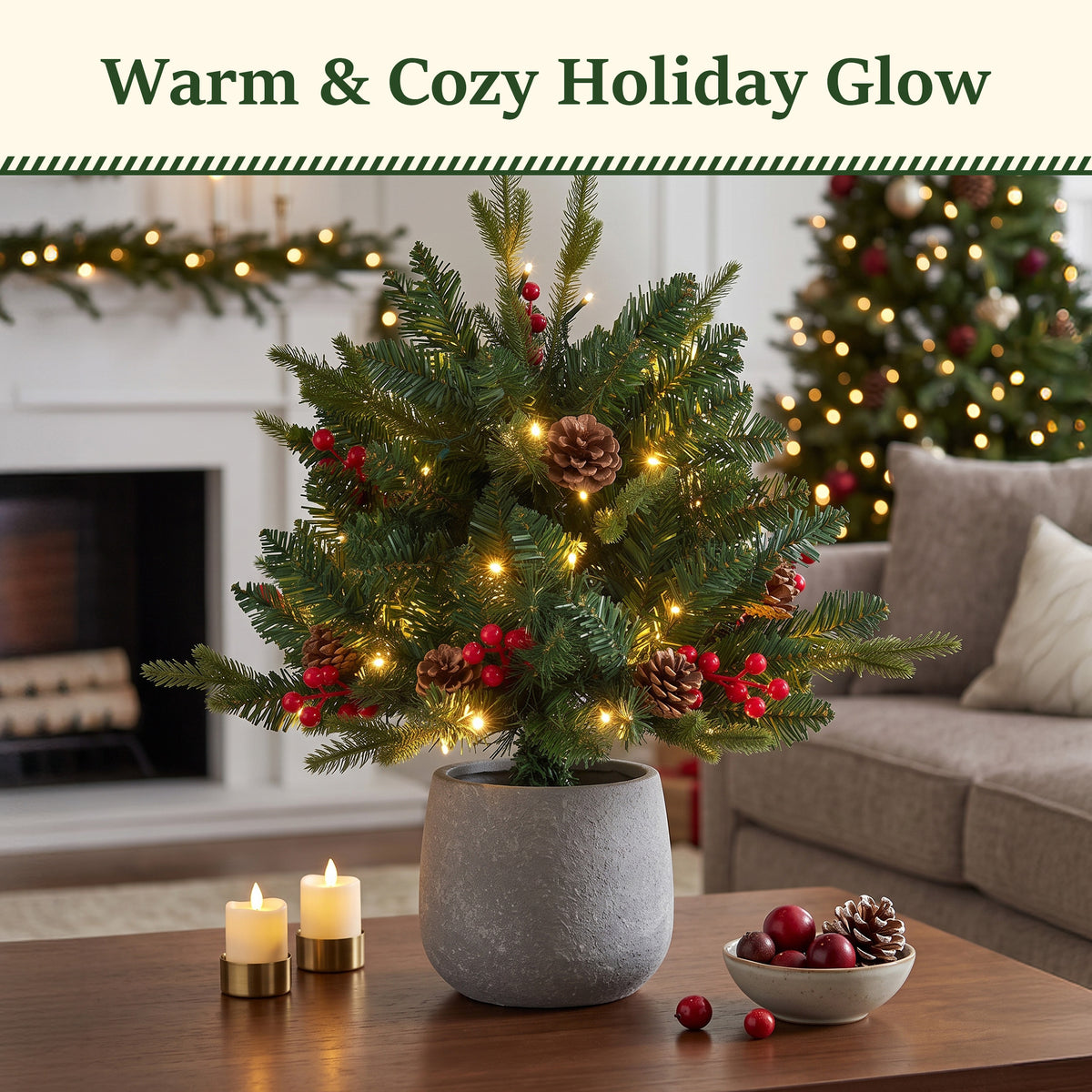 JIOABL Lighted Christmas Urn Filler, 24 in Artificial Pine Branches with 50 Warm White LEDs, 8 Modes and Timer, Indoor Outdoor Decor