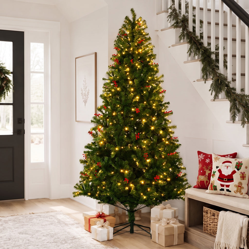 JIOABL Pre-Lit Artificial Spruce Christmas Tree, Pre-Decorated with Pinecones & Berries, Sturdy Metal Stand Base