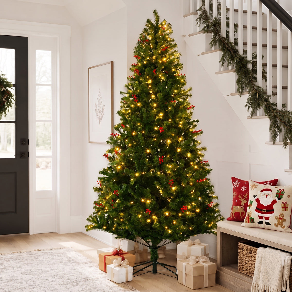JIOABL Pre-Lit Artificial Spruce Christmas Tree, Pre-Decorated with Pinecones & Berries, Sturdy Metal Stand Base