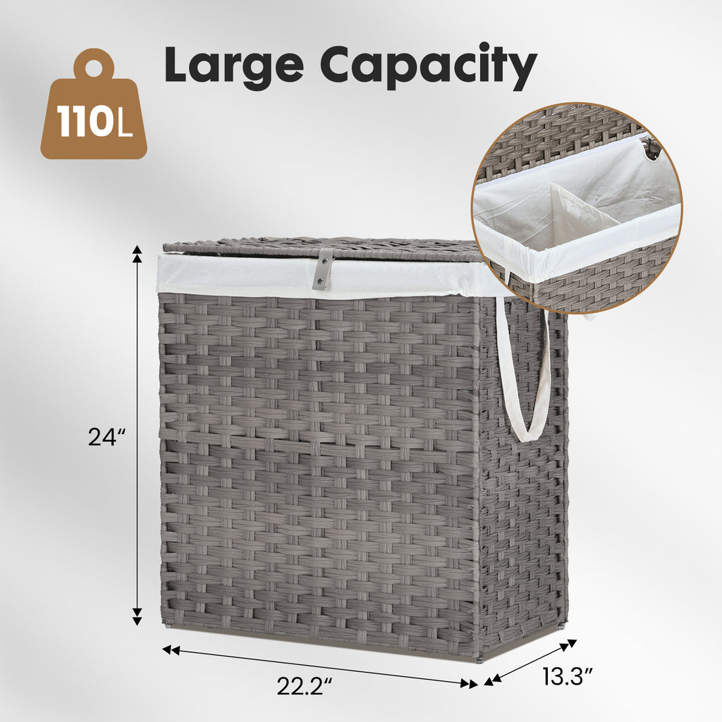 JIOABL Laundry Hamper with Lid, Clothes Hamper with Removable Liner Bags, Synthetic Rattan Laundry Basket for Clothes Toys in Bathroom Bedroom